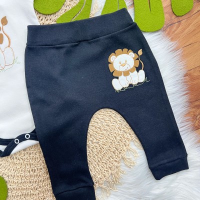 Conj. de Malha 3 peças-  Leãozinho e Safari - Off White e Preto
